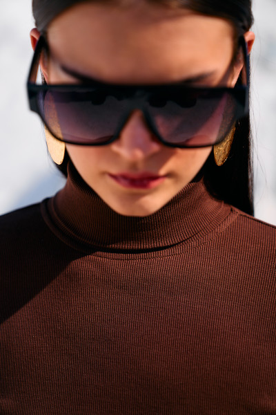 Brown Ribbed Turtleneck Midi Dress