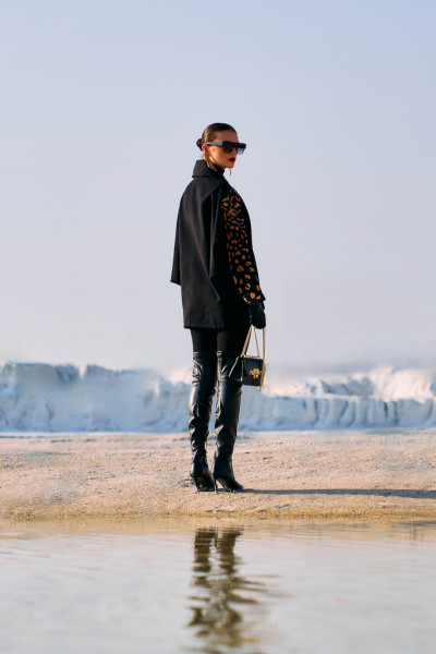 Black Oversized Leopard Sleeve Jacket