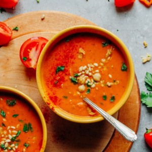 Romesco Soup with Smashed Chickpeas