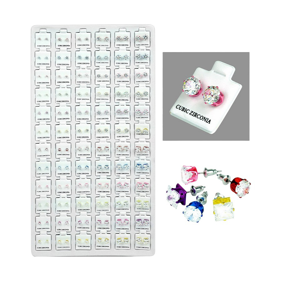 CUBIC ZIRCONIA CIRCLE  SQUARE STUD EARRINGS MIX COLORS 72CT