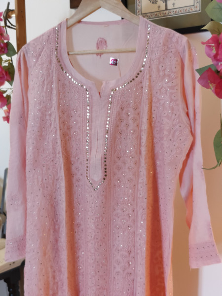 Muslin Stitched Kurta with Mukaish Embellishments (Powder Pink)