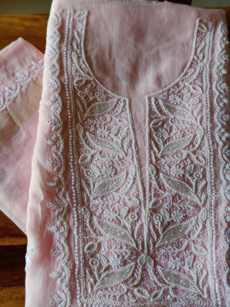 Mul-Chanderi CutDana & Pearl Work Kurta & Dupatta set (Powder Pink)
