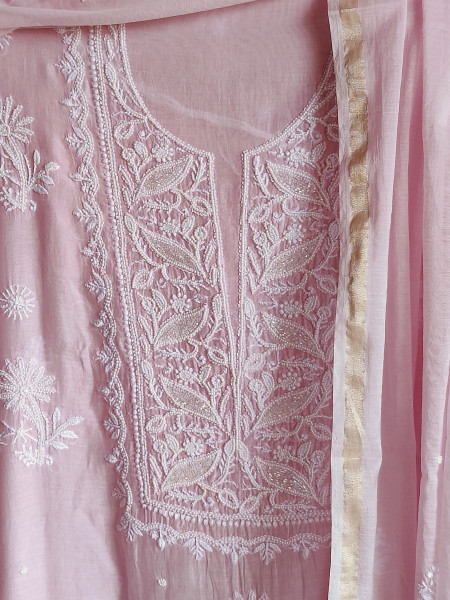 Mul-Chanderi CutDana & Pearl Work Kurta & Dupatta set (Powder Pink)