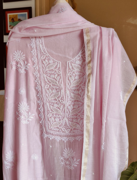 Mul-Chanderi CutDana & Pearl Work Kurta & Dupatta set (Powder Pink)