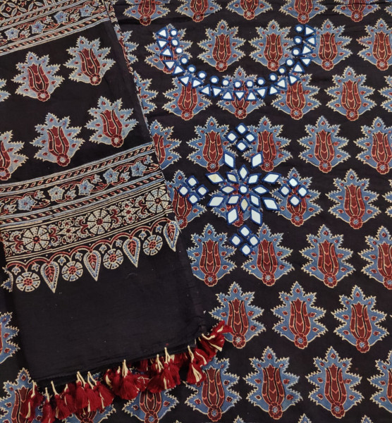 Ajrakh Handblock Cotton Kurta & Dupatta with Mirror work  (Black)