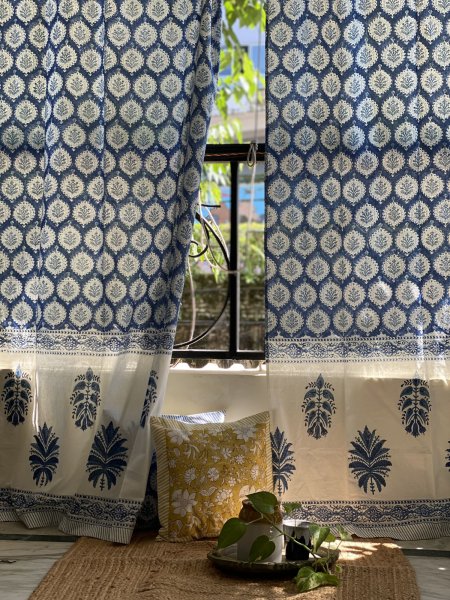 BLUE Cotton Block Print DOOR Curtain-7ft