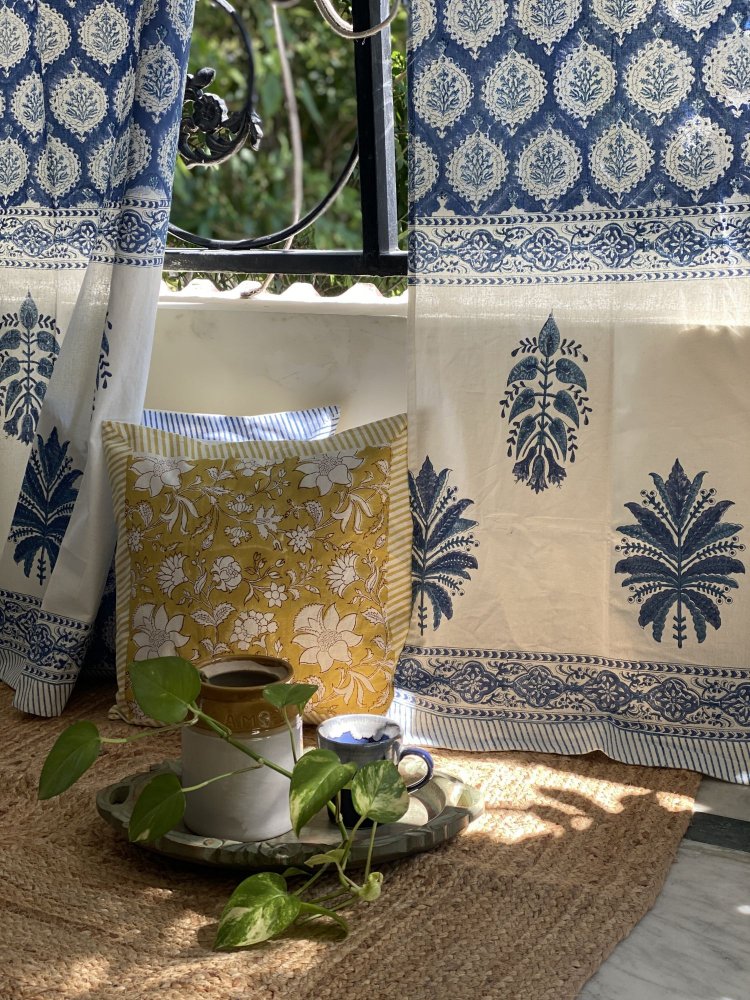 BLUE Cotton Block Print DOOR Curtain-7ft