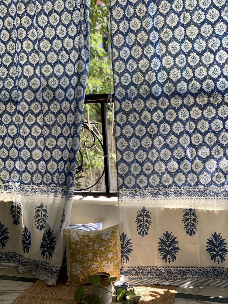 BLUE Cotton Block Print DOOR Curtain-7ft