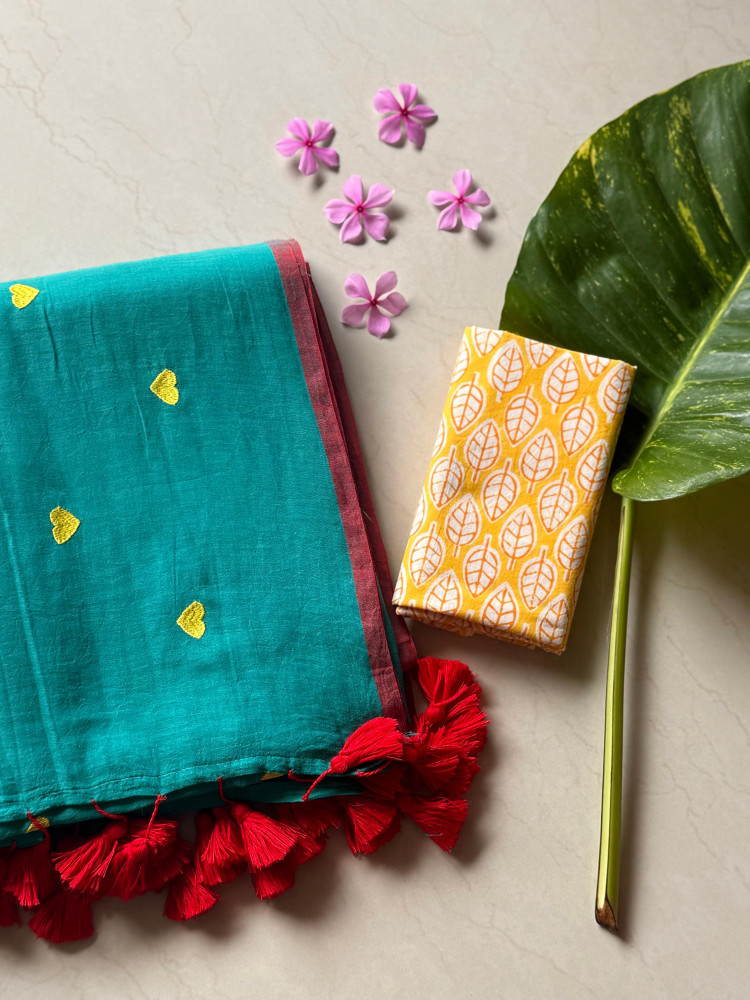 Image of JADE COTTON MULMUL EMBROIDERED SARI