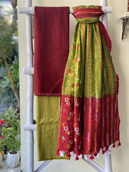 GREEN-RED MASHRU SILK KANTHA EMBROIDERED dupatta  SET