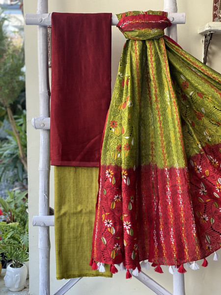 GREEN-RED MASHRU SILK KANTHA EMBROIDERED dupatta  SET