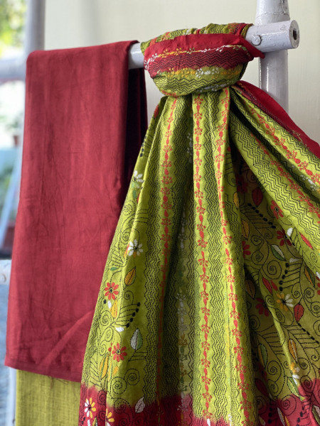 GREEN-RED MASHRU SILK KANTHA EMBROIDERED dupatta  SET