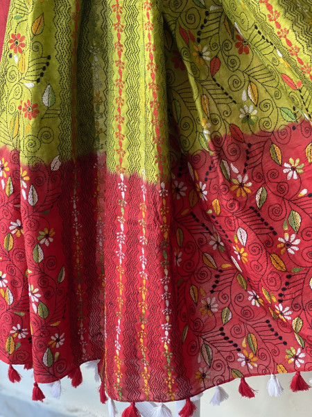 GREEN-RED MASHRU SILK KANTHA EMBROIDERED dupatta  SET