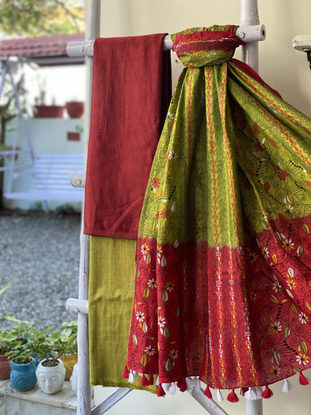 GREEN-RED MASHRU SILK KANTHA EMBROIDERED dupatta  SET