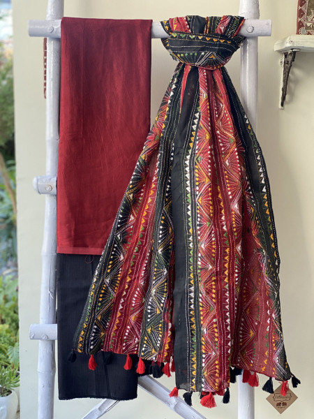 MAROON-BLACK MASHRU SILK KANTHA EMBROIDERED dupatta  SET