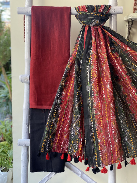 MAROON-BLACK MASHRU SILK KANTHA EMBROIDERED dupatta  SET