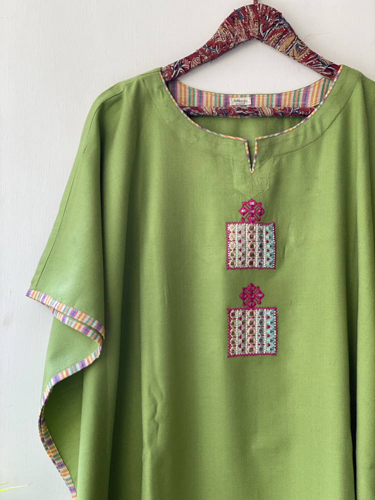 Image of PARROT GREEN WOOLLEN EMBROIDERED KAFTAN