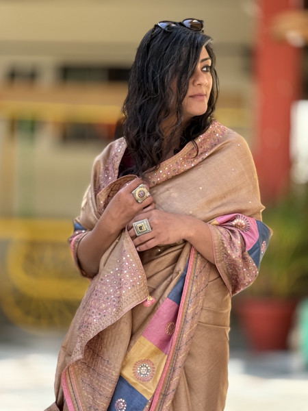 CARAMEL TUSSAR SILK EMBROIDERED SARI