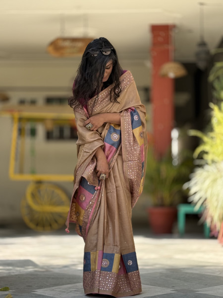 CARAMEL TUSSAR SILK EMBROIDERED SARI