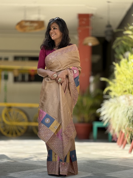 CARAMEL TUSSAR SILK EMBROIDERED SARI
