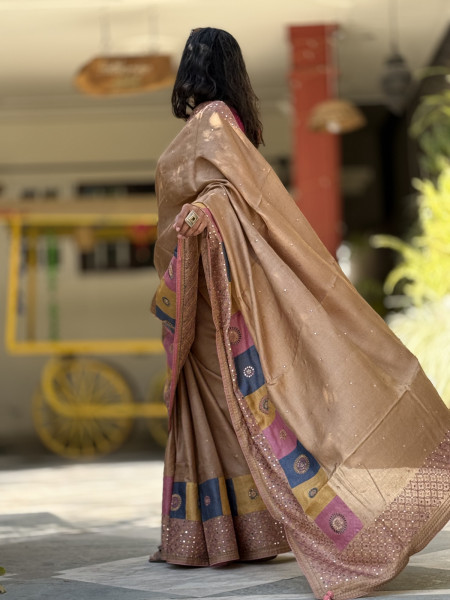 CARAMEL TUSSAR SILK EMBROIDERED SARI