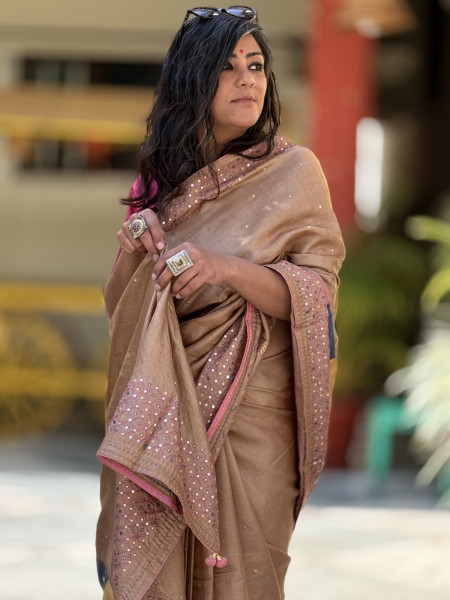 CARAMEL TUSSAR SILK EMBROIDERED SARI