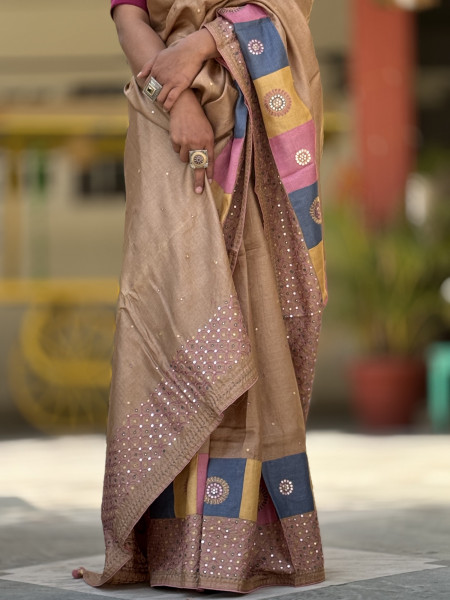 CARAMEL TUSSAR SILK EMBROIDERED SARI