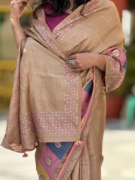 CARAMEL TUSSAR SILK EMBROIDERED SARI