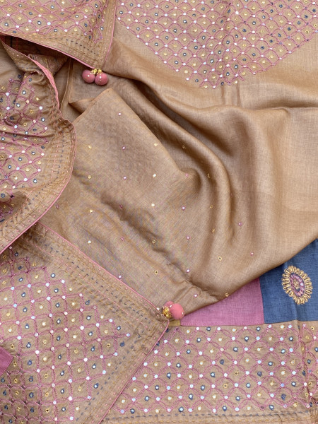 CARAMEL TUSSAR SILK EMBROIDERED SARI