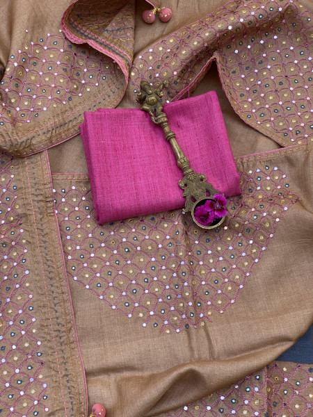 CARAMEL TUSSAR SILK EMBROIDERED SARI