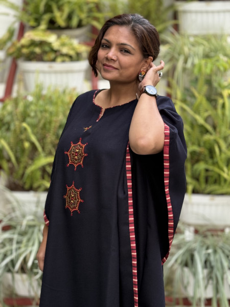 BLACKISH-BLUE WOOLLEN EMBROIDERED KAFTAN