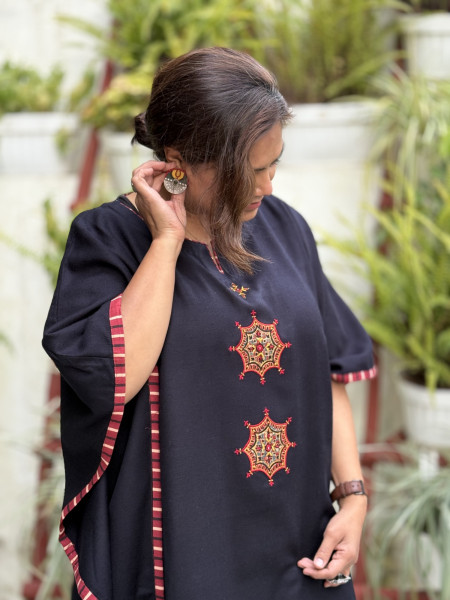 BLACKISH-BLUE WOOLLEN EMBROIDERED KAFTAN