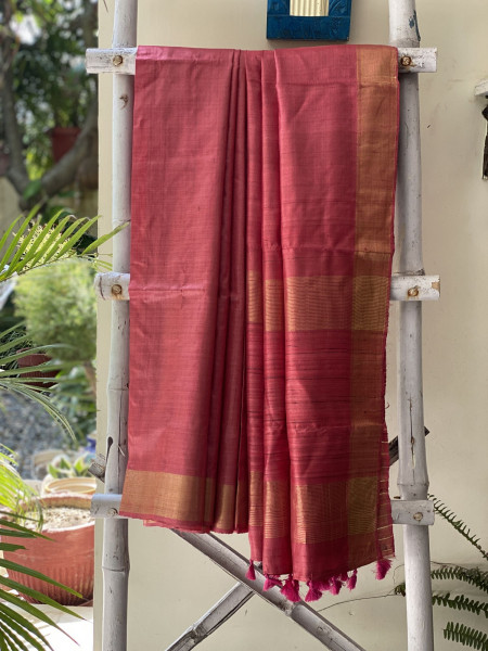 PEACH-PINK KOSA SILK WOVEN ZARI SARI