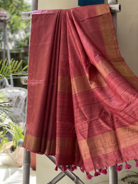 PEACH-PINK KOSA SILK WOVEN ZARI SARI