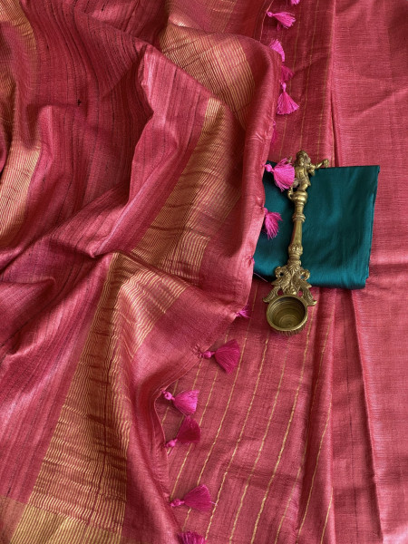 PEACH-PINK KOSA SILK WOVEN ZARI SARI