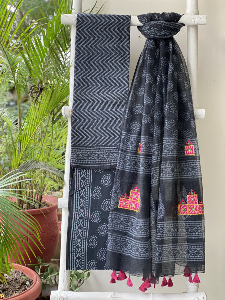 BLACK HAND BLOCK PRINT KOTA  EMBROIDERED DUPATTA SET