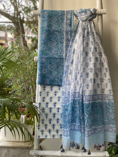 BLUE-OFF WHITE HAND BLOCK PRINT KOTA DUPATTA SET
