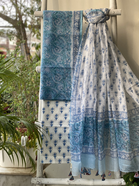 BLUE-OFF WHITE HAND BLOCK PRINT KOTA DUPATTA SET