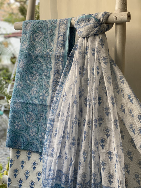 BLUE-OFF WHITE HAND BLOCK PRINT KOTA DUPATTA SET