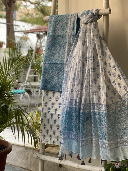 BLUE-OFF WHITE HAND BLOCK PRINT KOTA DUPATTA SET