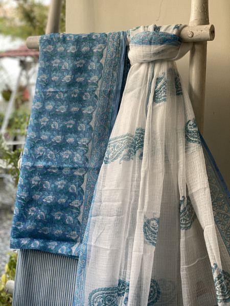 BLUE-OFF WHITE HAND BLOCK PRINT KOTA DUPATTA SET