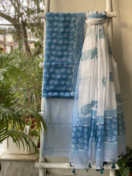 BLUE-OFF WHITE HAND BLOCK PRINT KOTA DUPATTA SET