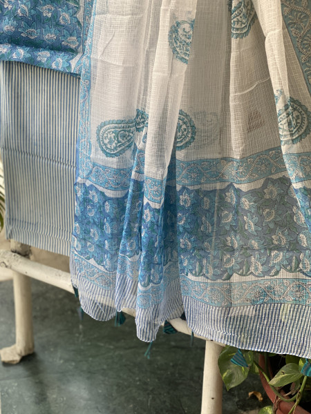BLUE-OFF WHITE HAND BLOCK PRINT KOTA DUPATTA SET