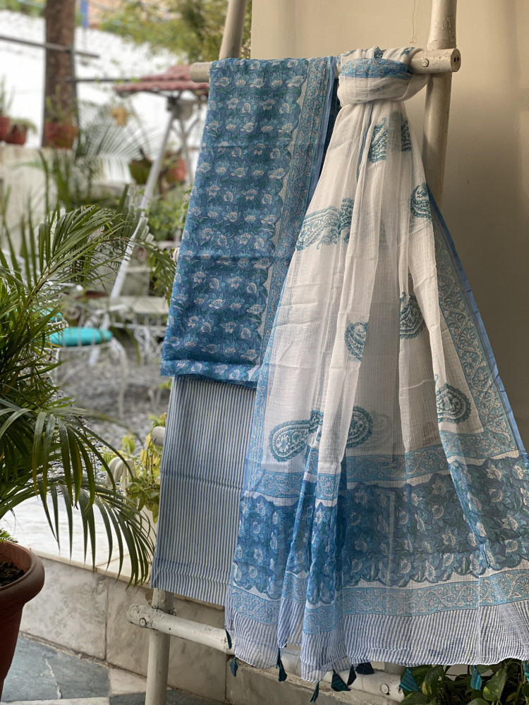 Image of BLUE-OFF WHITE HAND BLOCK PRINT KOTA DUPATTA SET
