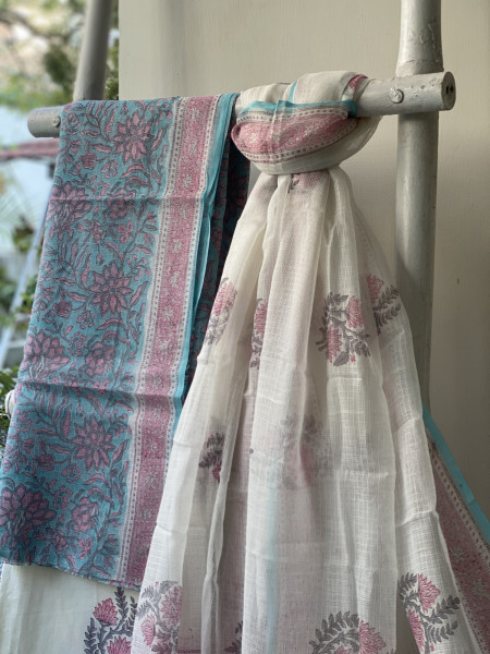 AQUA-OFF WHITE HAND BLOCK PRINT KOTA DUPATTA SET