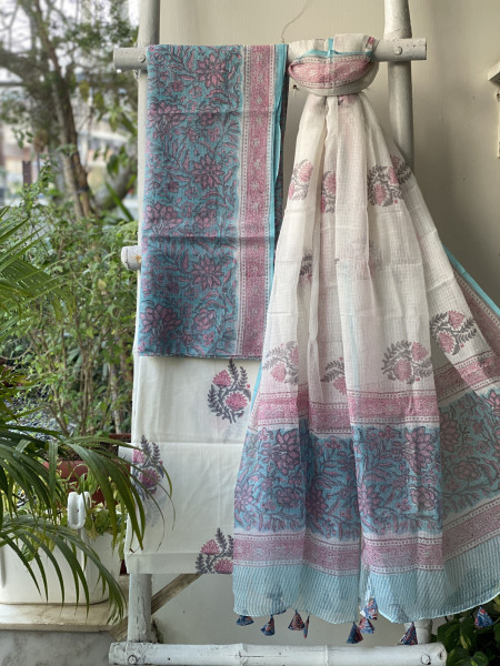 AQUA-OFF WHITE HAND BLOCK PRINT KOTA DUPATTA SET