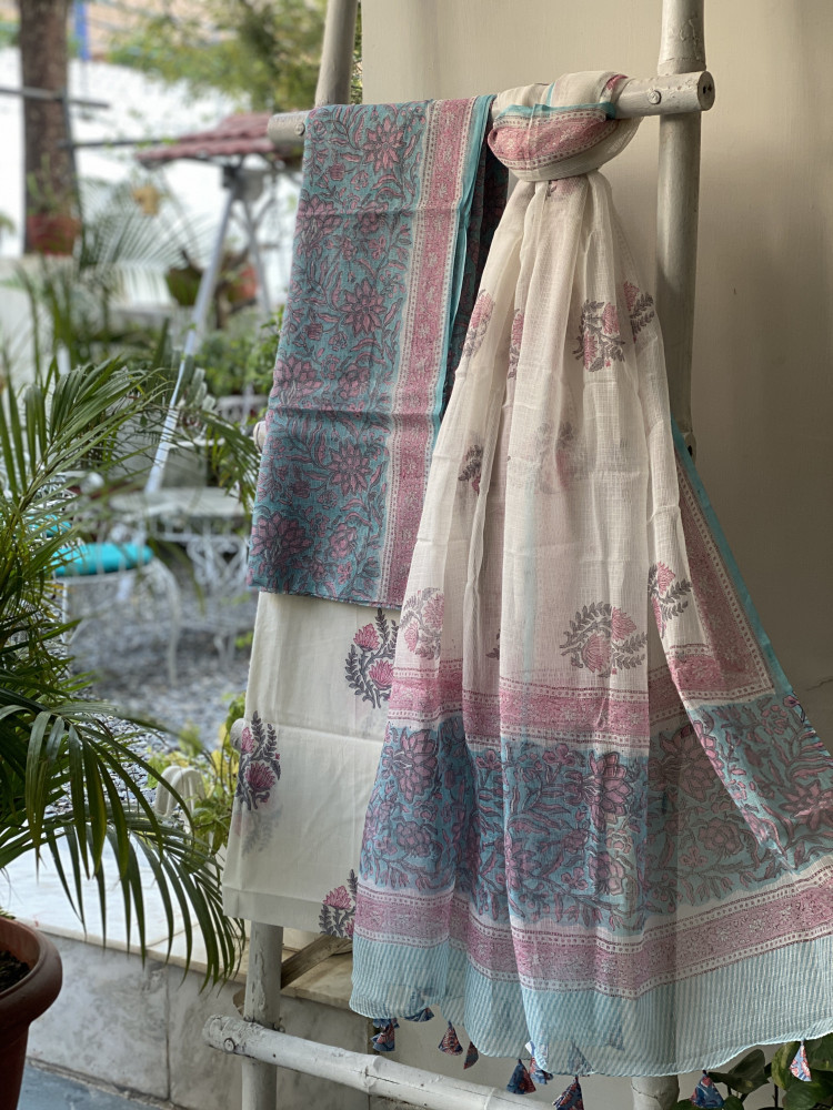 Image of AQUA-OFF WHITE HAND BLOCK PRINT KOTA DUPATTA SET