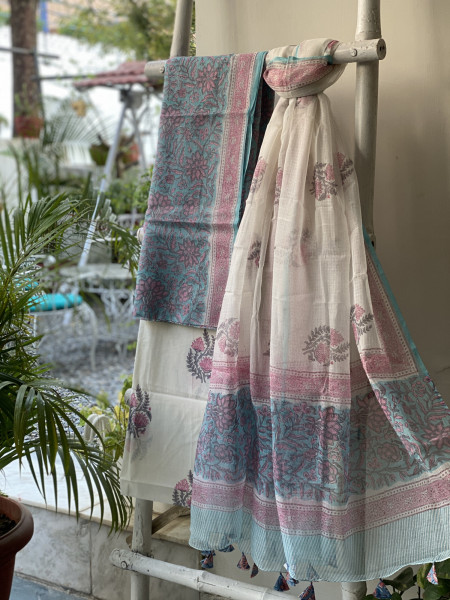 AQUA-OFF WHITE HAND BLOCK PRINT KOTA DUPATTA SET
