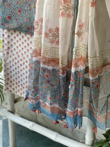BLUE-OFF WHITE HAND BLOCK PRINT KOTA DUPATTA SET
