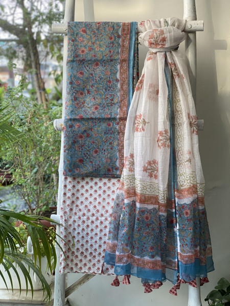 BLUE-OFF WHITE HAND BLOCK PRINT KOTA DUPATTA SET